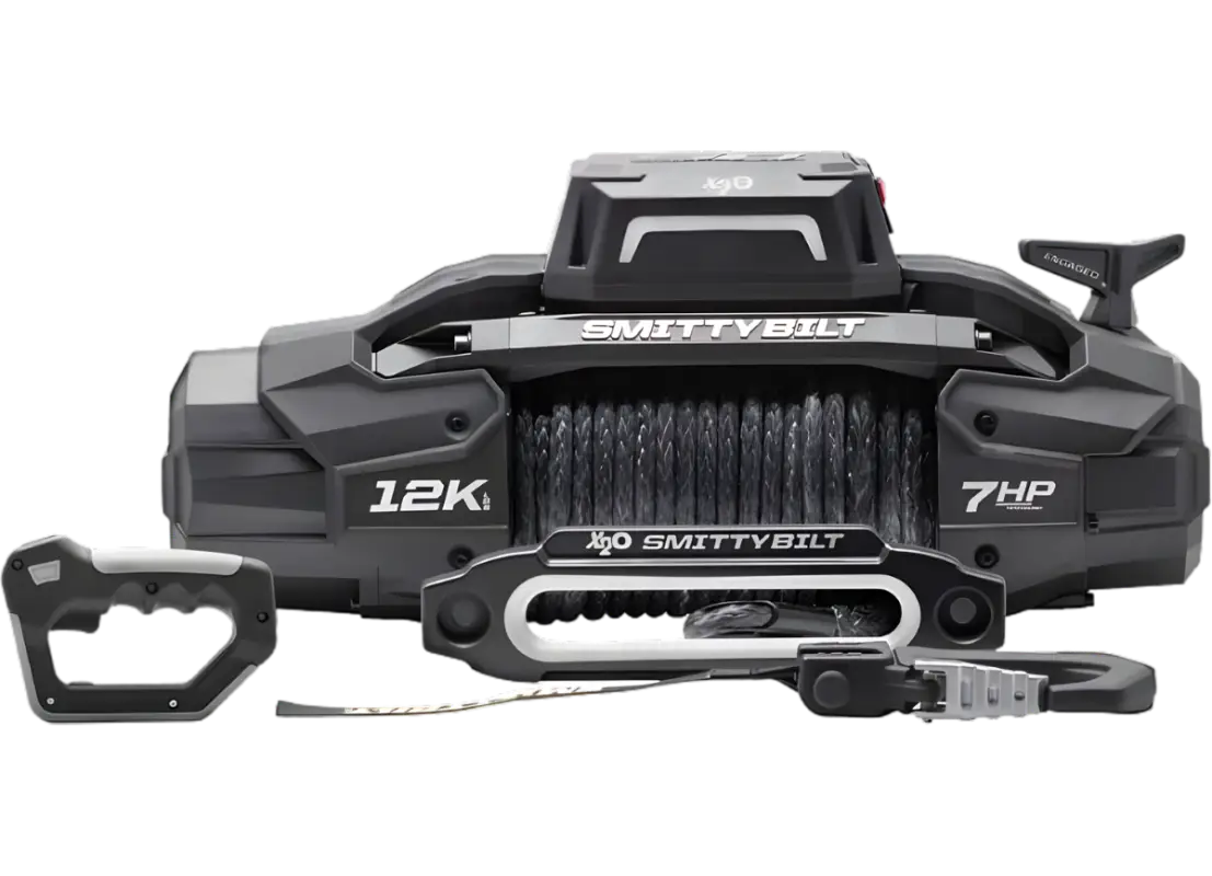 Smittybilt X2O GEN3 12K winch with synthetic rope, 7HP motor, and IP68 waterproof rating for off-road recovery.