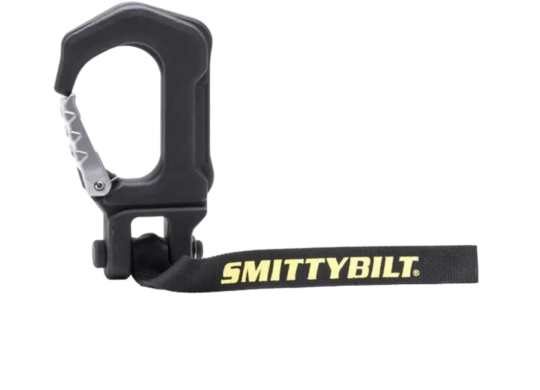 Ergonomic Smittybilt winch hook with durable construction and branded strap for secure off-road recovery.