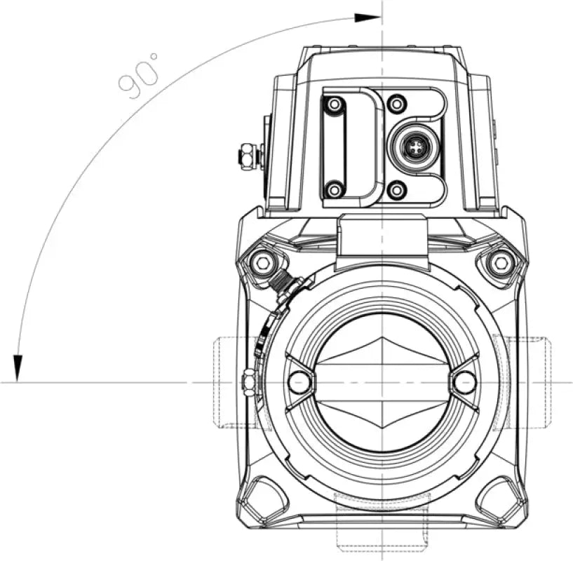 Top view technical drawing of the SOLO 12.5rs winch, highlighting the 90-degree rotation and mounting details.