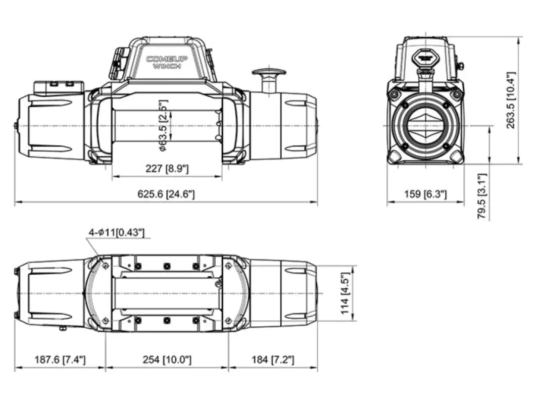 Technical dimensions of the SOLO 12.5rs winch, showcasing detailed measurements for installation and compatibility.