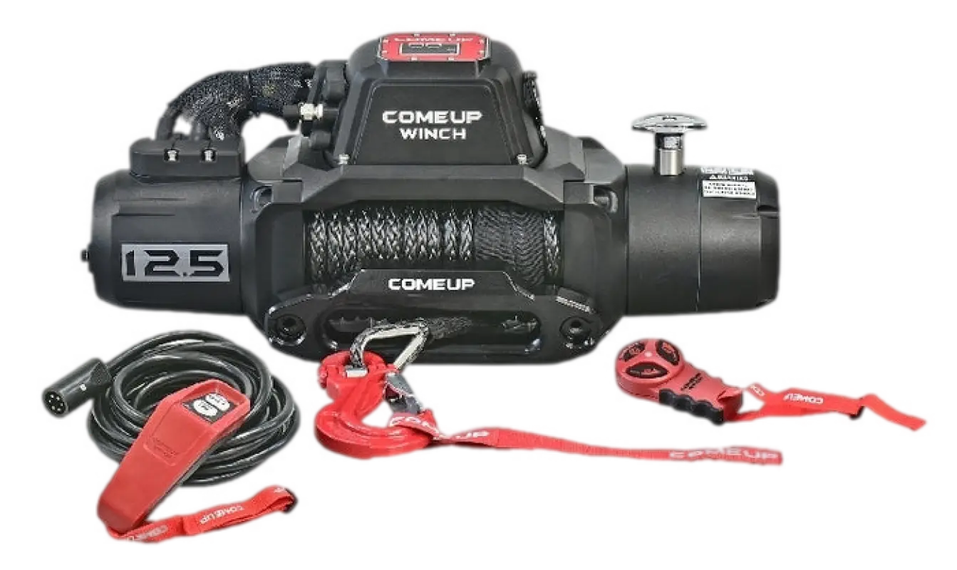 SOLO 12.5rs 12V winch with synthetic rope, red hook, control cables, and remote, designed for off-road vehicle recovery.