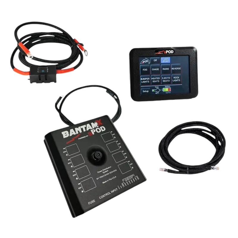 sPOD BantamX Touchscreen power management system featuring a control panel, touchscreen, and wiring for 12/24V vehicle accessories.