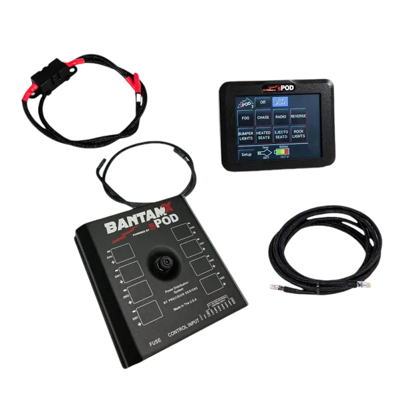 sPOD BantamX Touchscreen system with 8-circuit power control, Bluetooth connectivity, and wiring components for vehicle lighting.