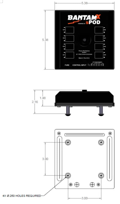 Technical diagram of sPOD BantamX Touchscreen control panel with dimensions and mounting specifications for vehicle installation.