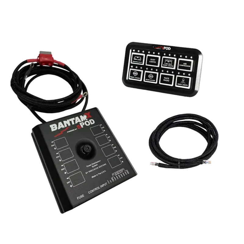sPOD BantamX Kit for Toyota Tundra 2022+, featuring an 8-circuit control system with wiring and switch panel for easy installation.