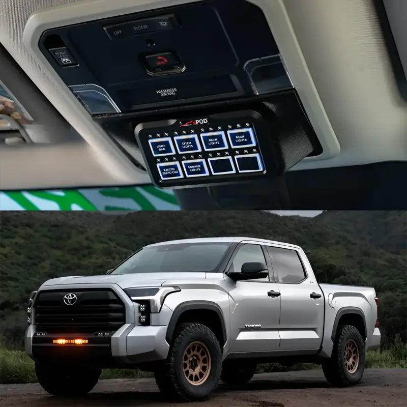 sPOD BantamX Kit installed in a Toyota Tundra 2022+, showcasing the overhead switch panel and a rugged truck with upgraded lighting.