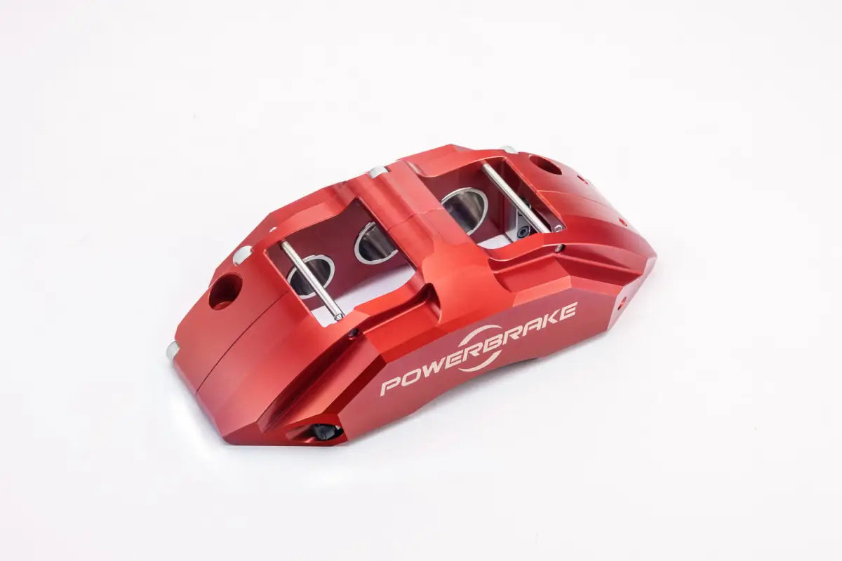 Side view of the Powerbrake red 6-piston caliper for Sequoia 2nd Gen, emphasizing its sleek design and branding.