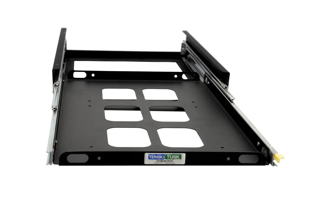 Front view of Standard Front Pull Slide - Extreme Duty, designed for overland fridge storage with durable materials and locking tracks.