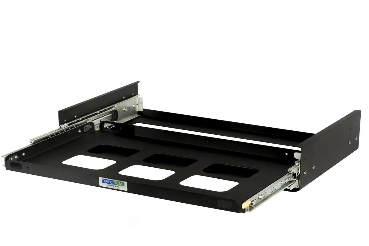 Standard Side Pull Slide in black steel with extended sliding rails and six ventilation cutouts. Designed for secure fridge or cargo storage.