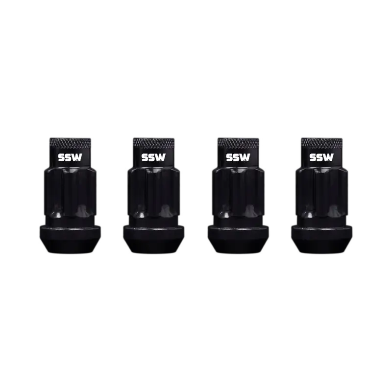 Set of four black steel locking lug nuts with SSW branding, designed for anti-theft wheel security and compatibility with various wheel studs.