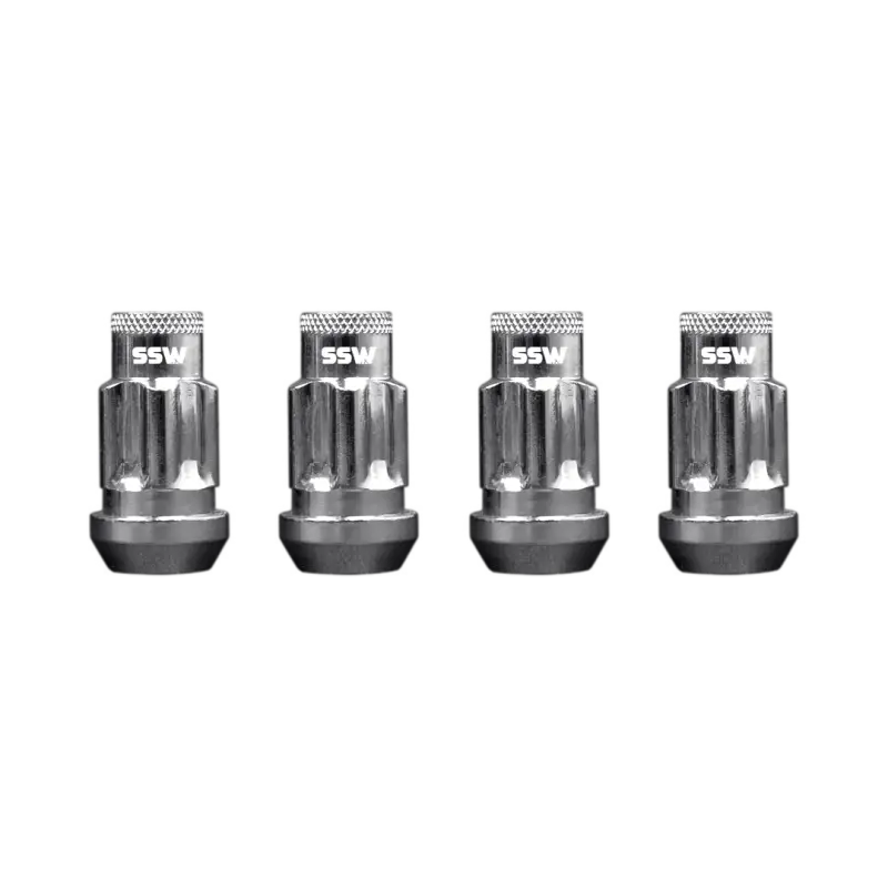Four steel locking lug nuts in a polished black finish featuring SSW branding, ideal for securing wheels with anti-theft protection.