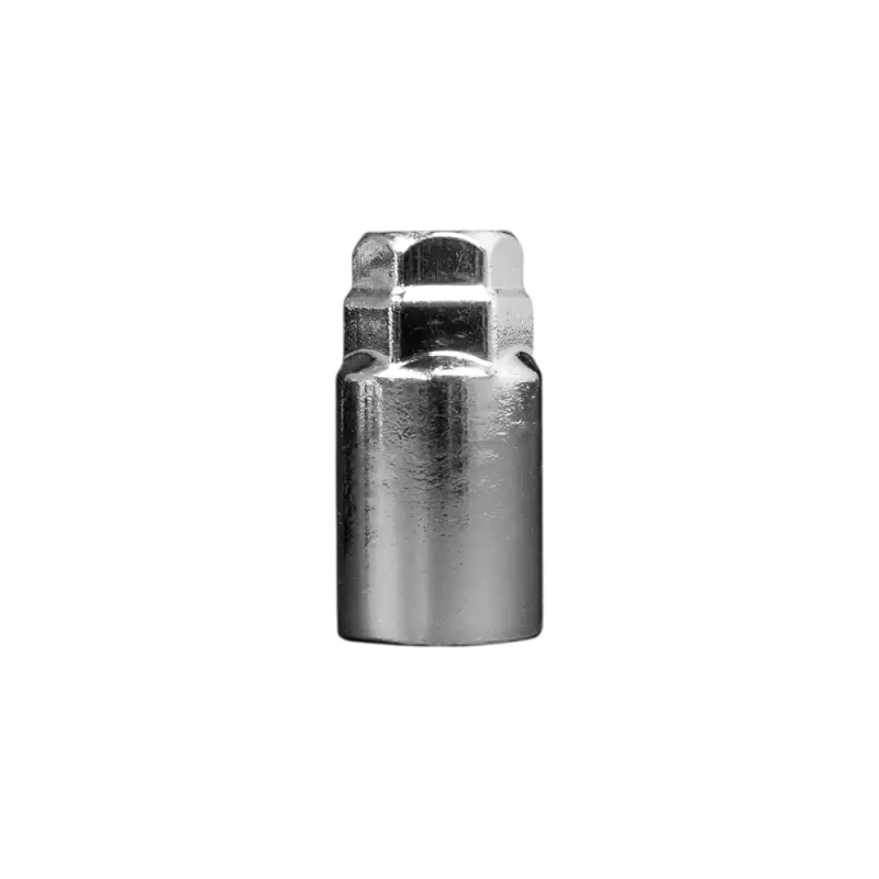 Single chrome-finished steel locking lug nut, open-ended design for compatibility with various wheel studs and anti-theft functionality.