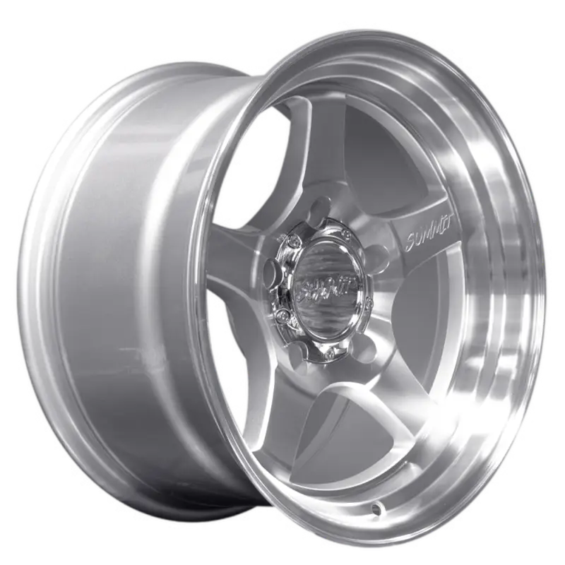 Side profile of STRYKER machined silver wheel, 17x9.0 size with 5-lug configuration, showcasing a sleek and robust design for off-road and stylish rides.