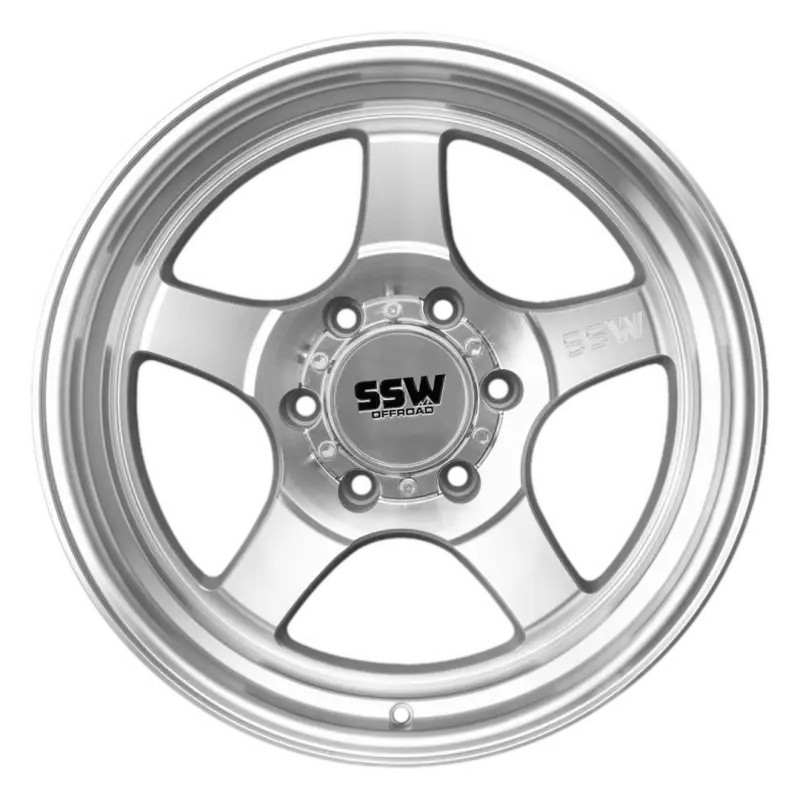 STRYKER machined silver wheel in 17x9.0 size with -25 offset, featuring a 6x139.7 bolt pattern and SSW Off-Road branding. Ideal for vehicles like 4Runner, Tacoma, and Tundra.