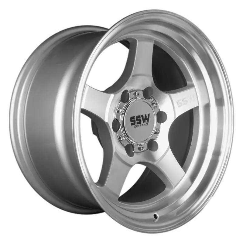 Side view of STRYKER machined silver wheel, 17x9.0 with -25 offset, showcasing its durable design and tapered seat lug nut compatibility. Perfect for off-road vehicles.