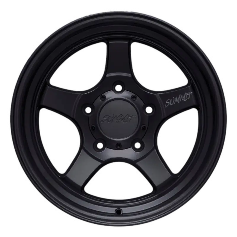 STRYKER matte black wheel with 5 lug holes, size 17x9.0, featuring a sleek 5-spoke design and Summit branding on the rim face.