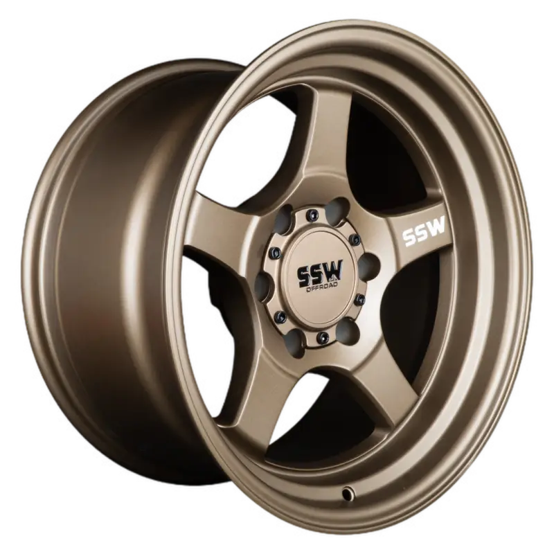 Side angle of STRYKER 17x9.0 -25 matte bronze wheel showcasing deep lip design, 5-spoke pattern, and SSW Off-Road logo.