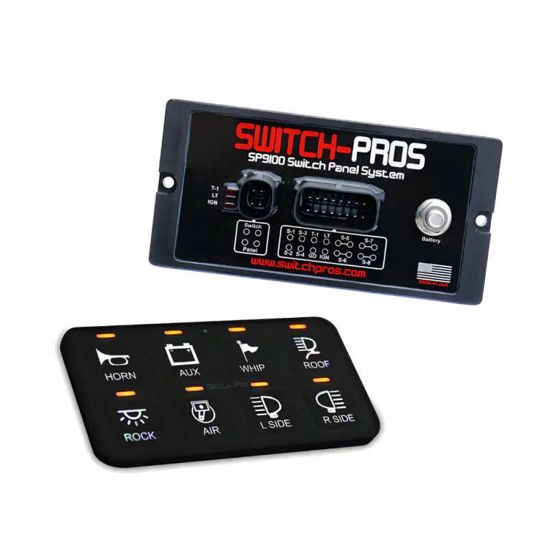 Switch Pros SP-9100 Switch Panel Power System featuring a compact control panel with illuminated buttons and a wiring interface for power management.
