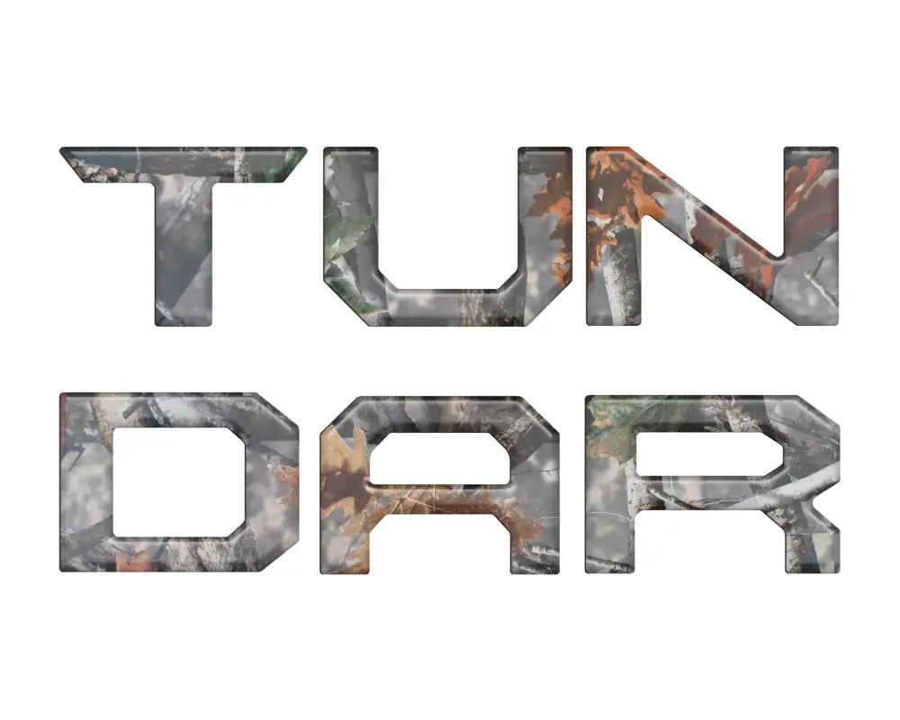 Camouflage tailgate letter inserts for Toyota Tundra 2014-2021, ideal for outdoor enthusiasts and hunters.