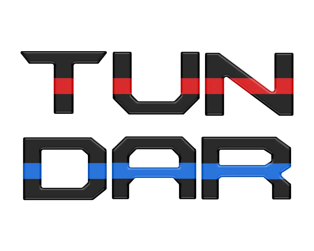 Black tailgate letter inserts with red and blue stripe accents for Toyota Tundra 2014-2021, combining vibrant colors.
