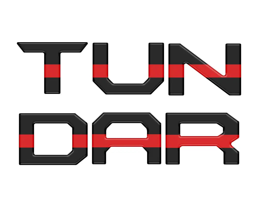 Black tailgate letter inserts with red stripe accents for Toyota Tundra 2014-2021, offering a sporty appearance.
