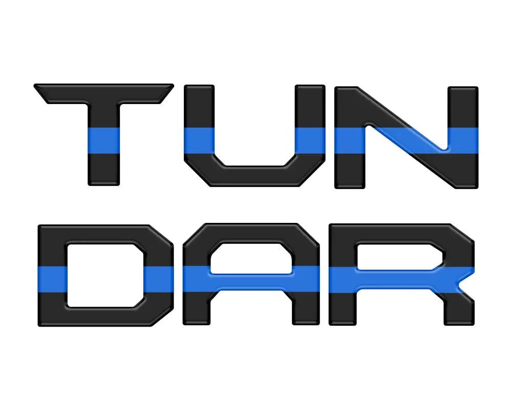 Black tailgate letter inserts with blue stripe accents for Toyota Tundra 2014-2021, adding a stylish touch.