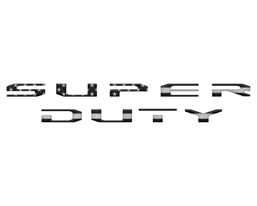 Super Duty tailgate letter overlays with American flag and thin blue line patterns