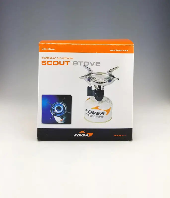 Kovea Scout Stove packaging showing product image and features, designed for portable outdoor cooking and camping.