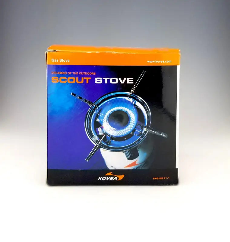 Kovea Scout Stove packaging with a glowing burner image, emphasizing its performance for camping and outdoor cooking.