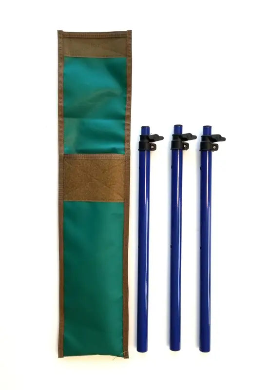 TemboTusk adjustable blue legs with green storage pouch, designed for compact storage and easy transport.