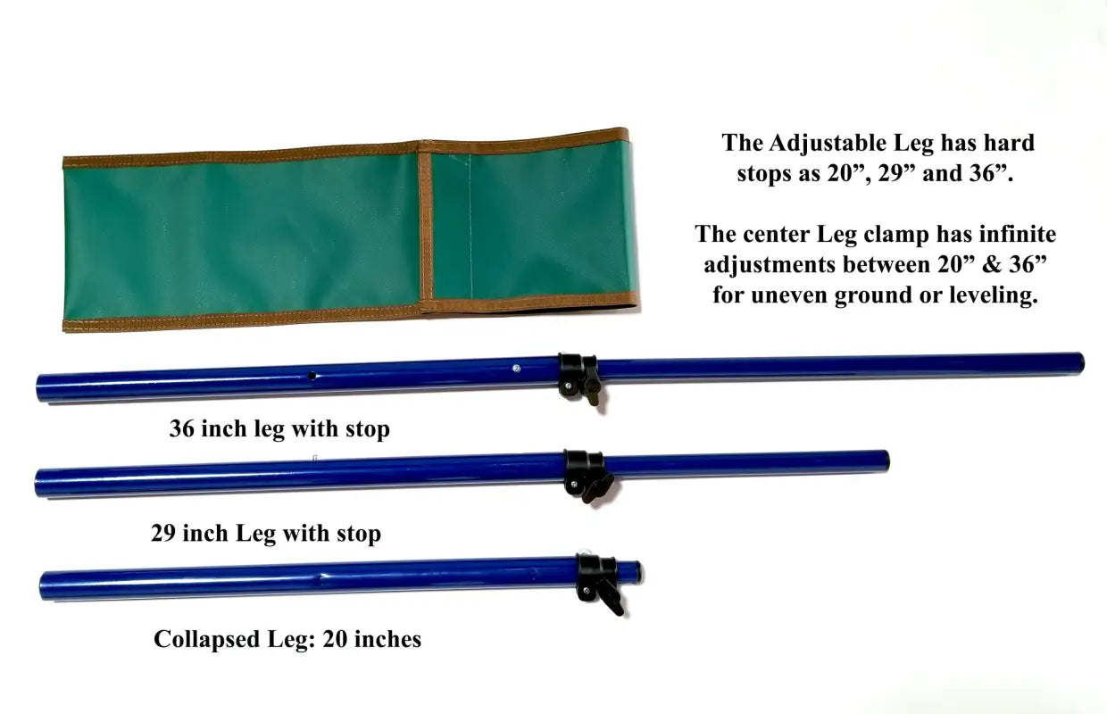 TemboTusk adjustable legs with hard stops at 20, 29, and 36 inches, shown with green storage pouch for compact storage.
