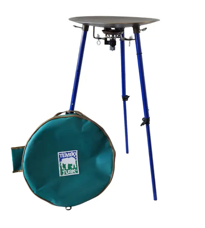 TemboTusk Skottle Grill Kit with adjustable blue legs, Kovea Scout Stove, and green carry bag for camping and outdoor cooking.