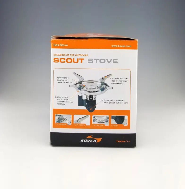 Back of Kovea Scout Stove packaging highlighting safety features, foldable arms, and compact design for outdoor cooking.