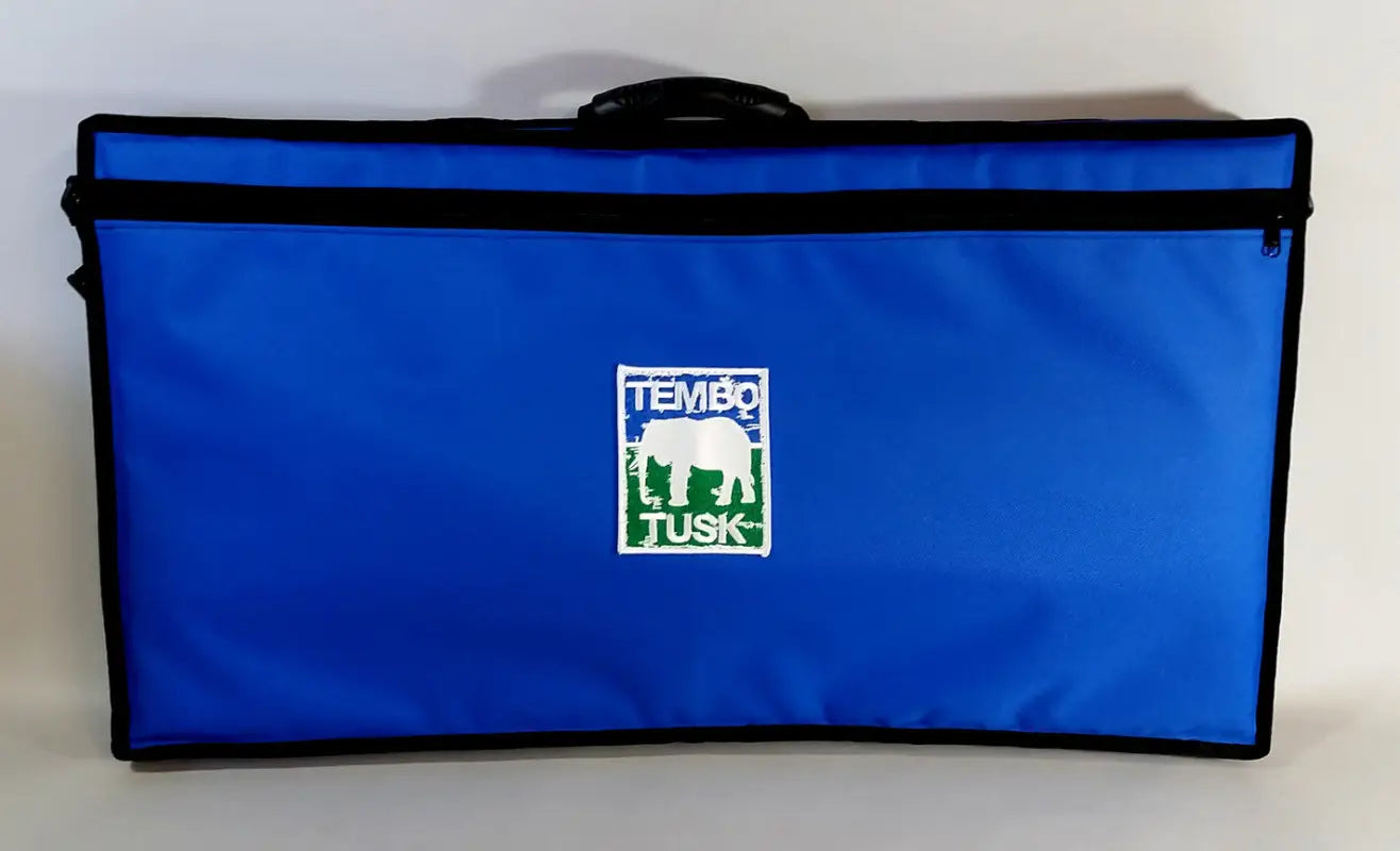 Blue carrying case with TemboTusk logo for the Camp Table Kit. Designed for portability and outdoor convenience.