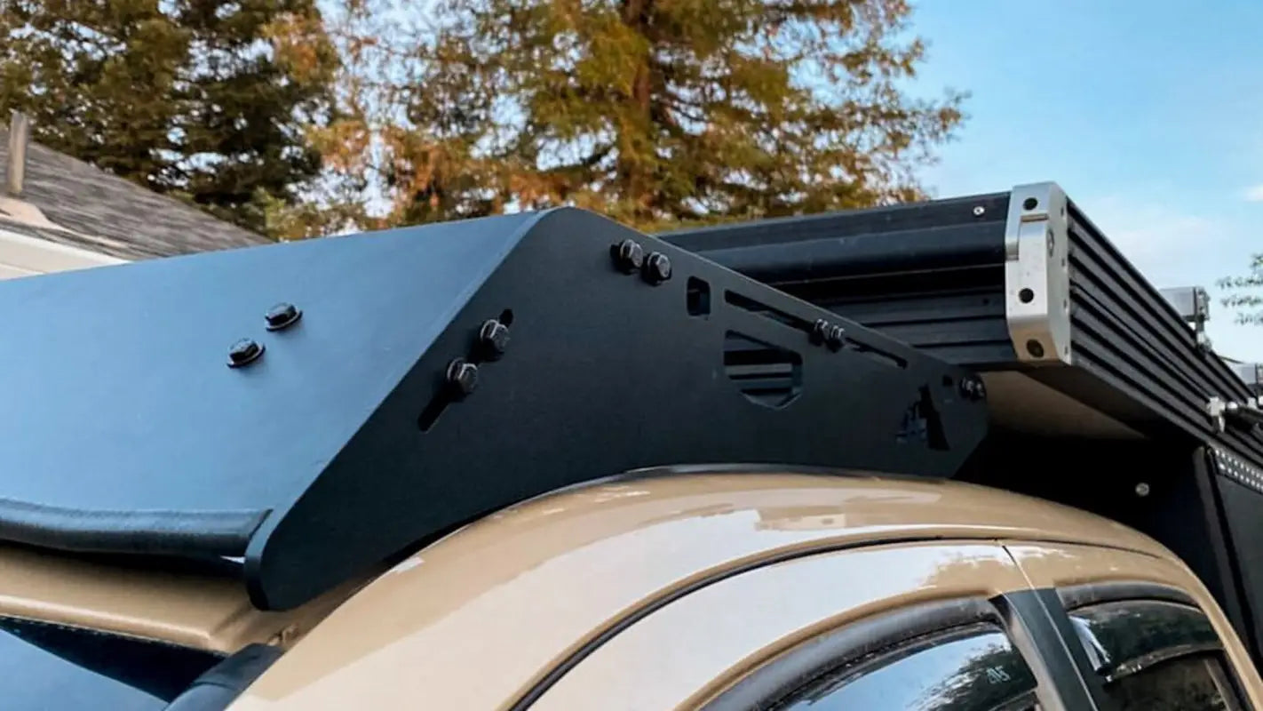 Detailed view of Animas roof rack mounting system on a beige vehicle, highlighting its secure and adjustable design.
