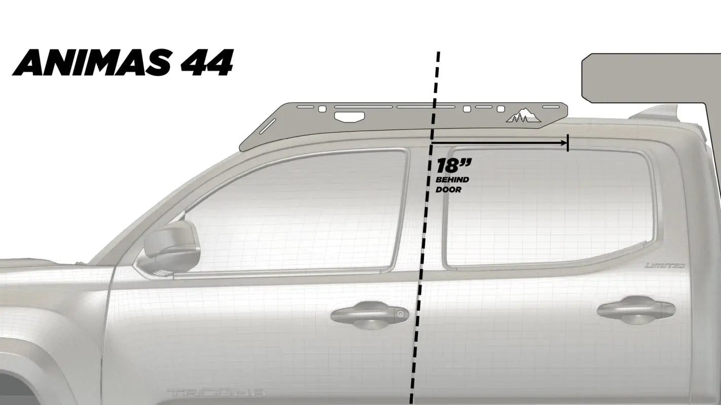 Diagram of Animas 44 roof rack placement on a Toyota Tacoma, showing its position 18 inches behind the door.