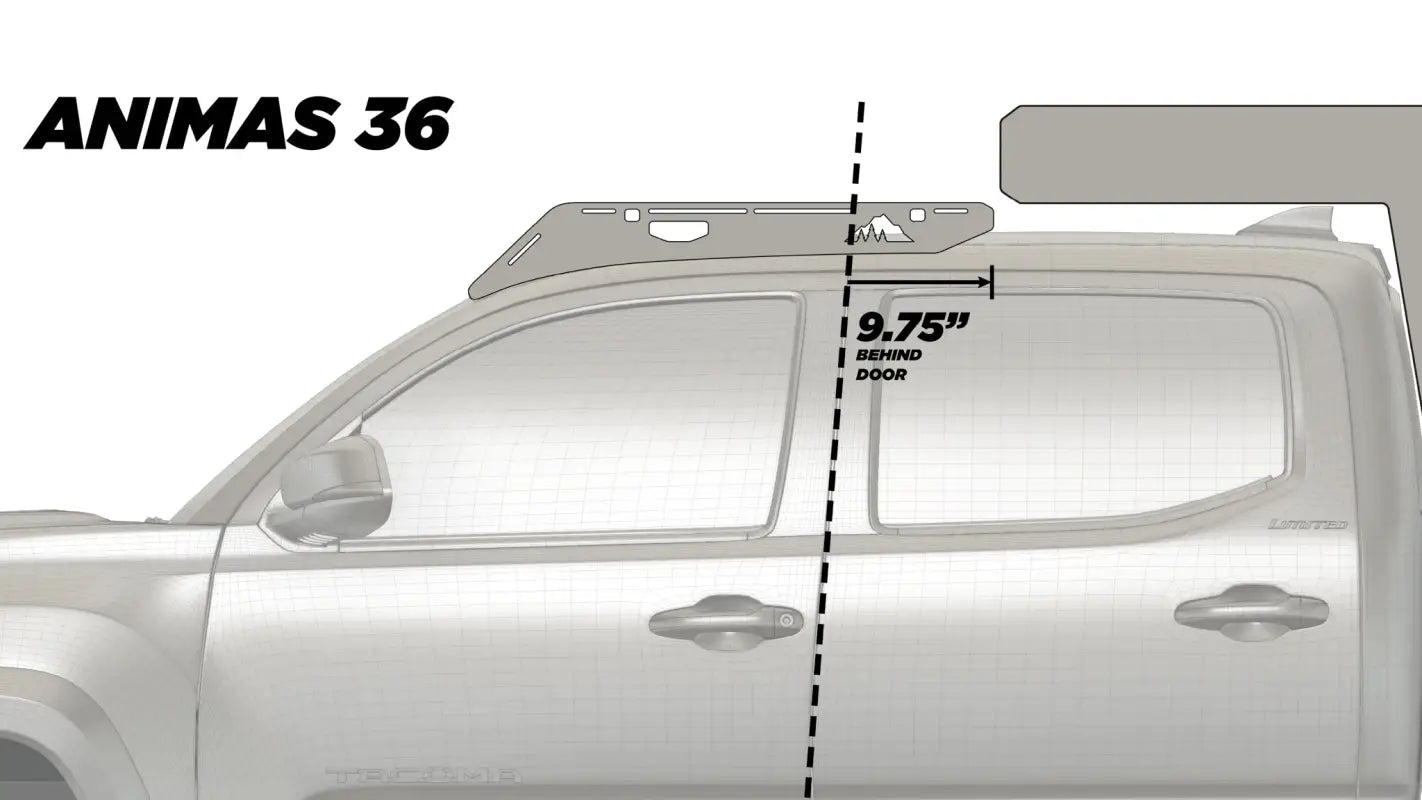 Diagram of Animas 36 roof rack placement on a Toyota Tacoma, positioned 9.75 inches behind the door for optimal fit.