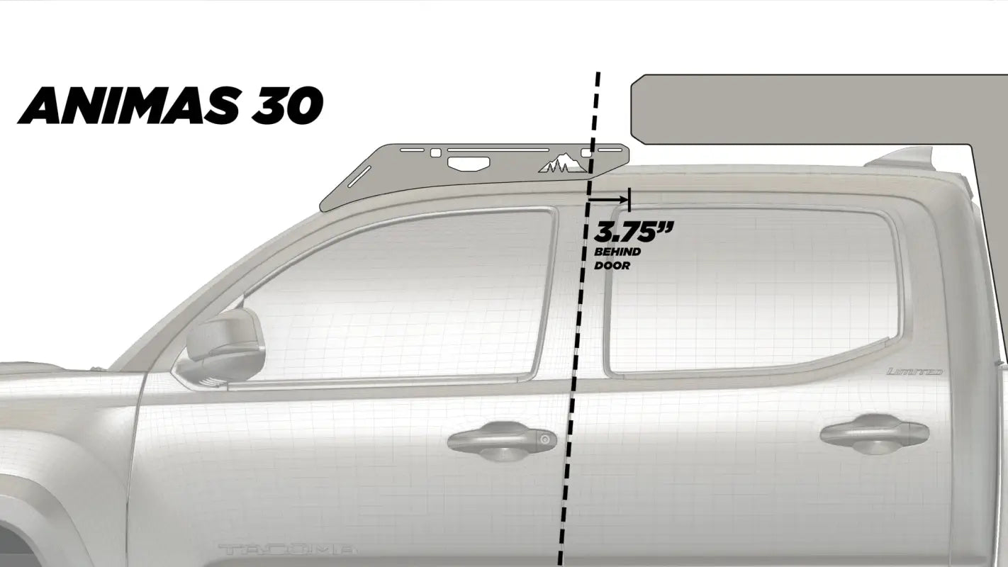 Diagram of Animas 30 roof rack placement on a Toyota Tacoma, located 3.75 inches behind the door for compact storage.