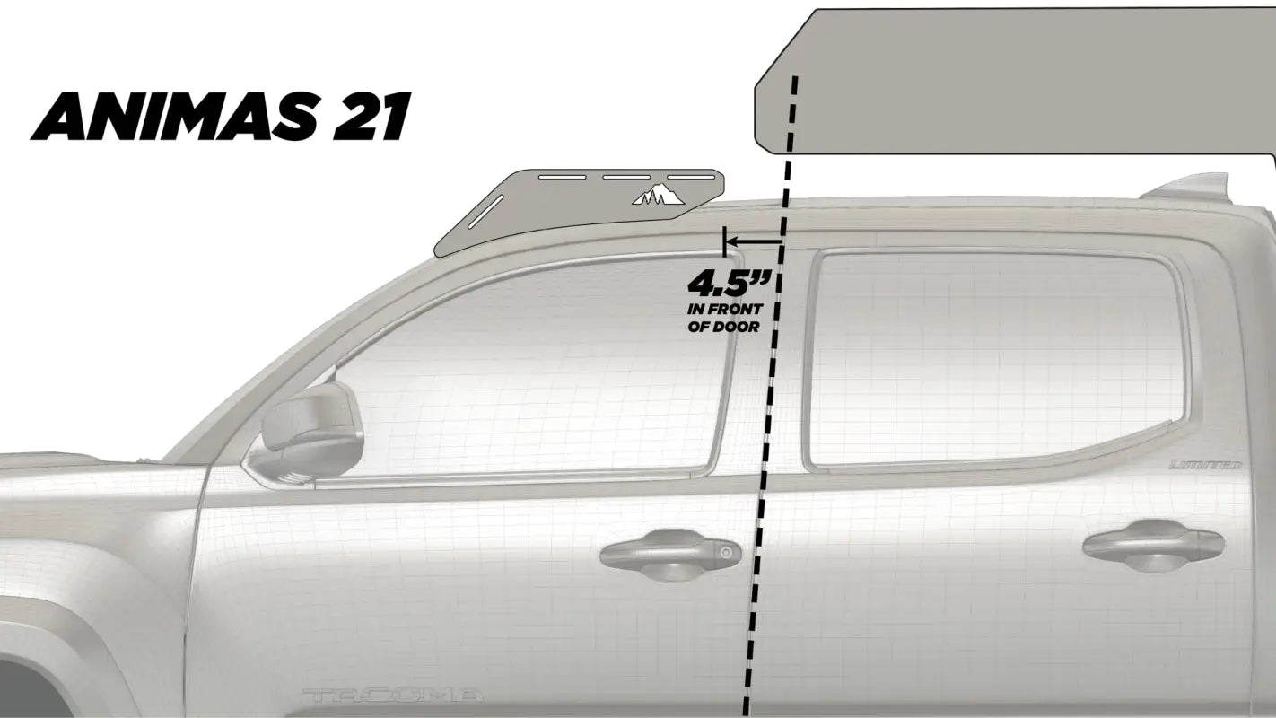 Diagram of Animas 21 roof rack placement on a Toyota Tacoma, positioned 4.5 inches in front of the door for precise fit.