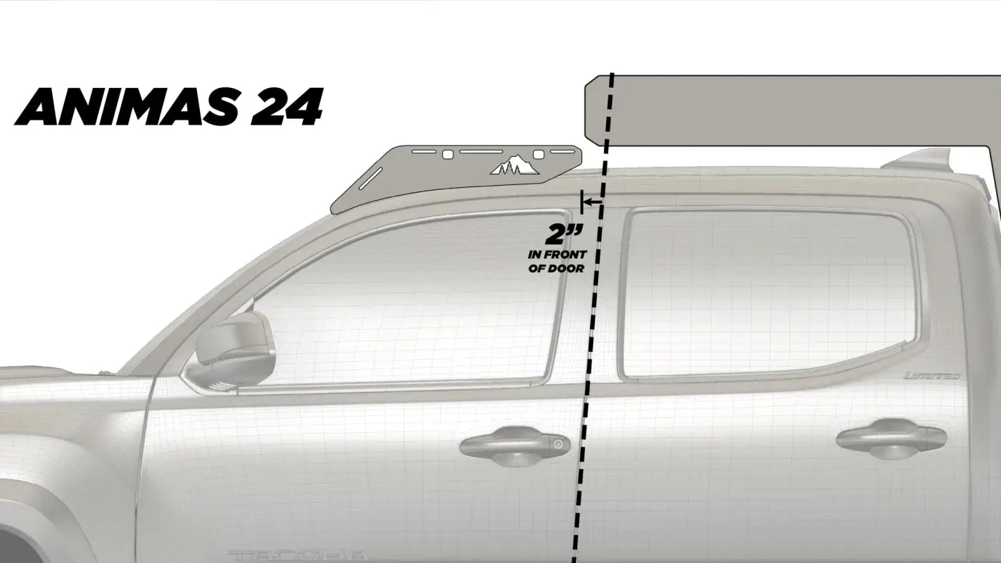 Diagram of Animas 24 roof rack placement on a Toyota Tacoma, showing its position 2 inches in front of the door.