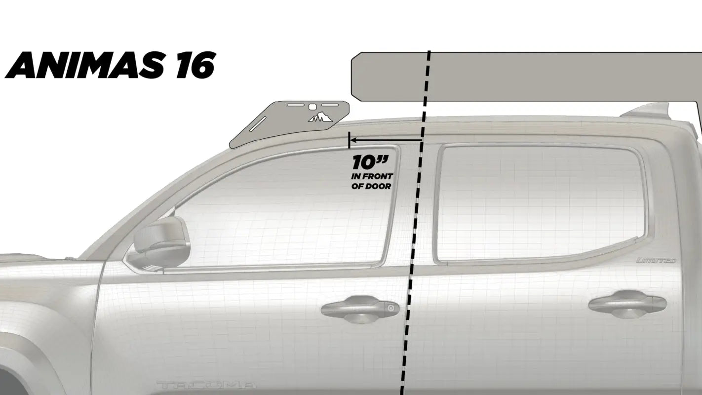 Diagram of Animas 16 roof rack placement on a Toyota Tacoma, located 10 inches in front of the door for compact use.