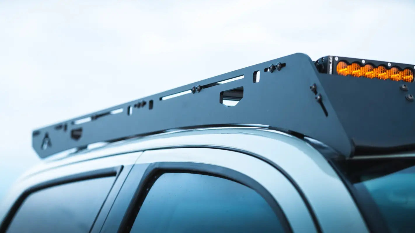 Detailed view of Big Bear Roof Rack on Toyota Tundra, showcasing durable aluminum build and integrated light bar compatibility.
