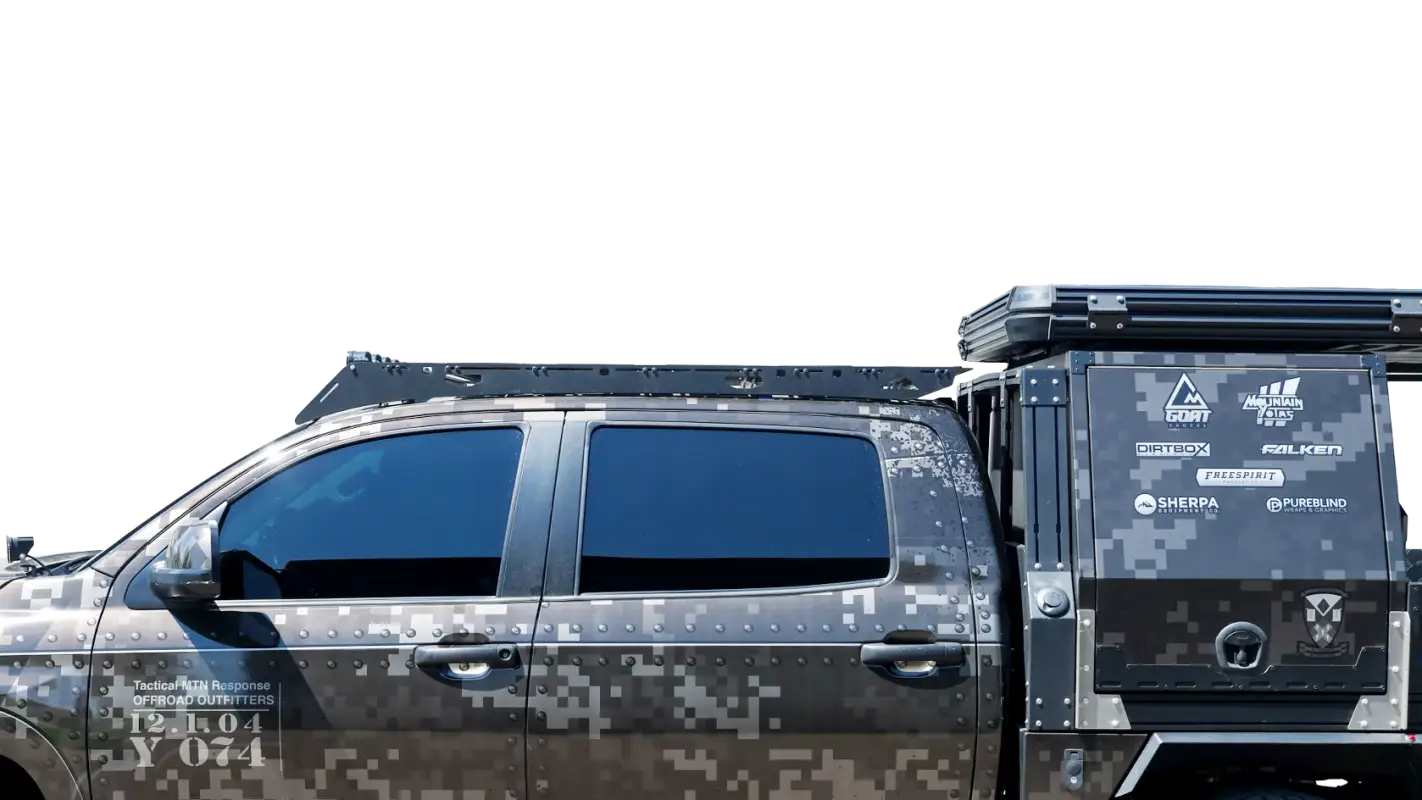 Close-up of Toyota Tundra CrewMax with Big Bear Roof Rack in camo wrap, showcasing durable aluminum design and mounting details.