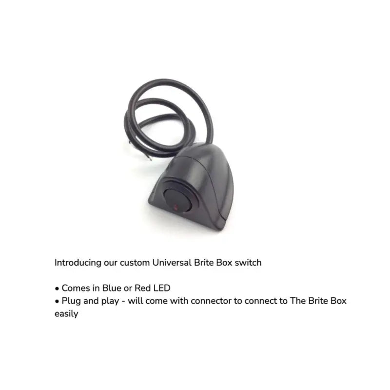 Universal Brite Box switch with LED indicator, available in blue or red, designed for easy plug-and-play connection.