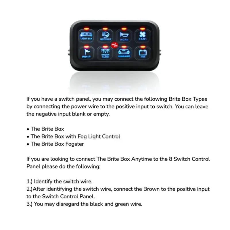 Switch control panel guide for connecting Brite Box types, including fog light control and fogster options for Toyota 4Runner.