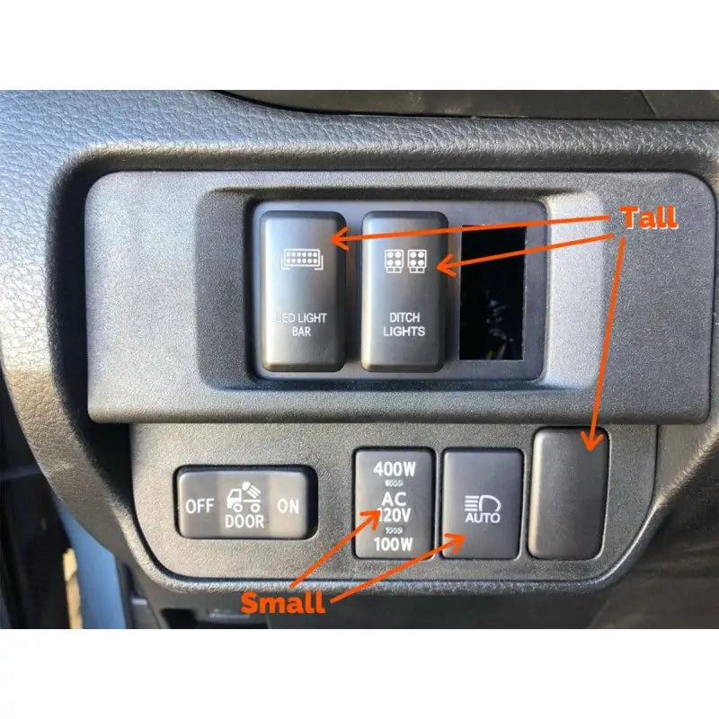 Toyota 4Runner dashboard with small and tall switches installed, showcasing compatibility with Brite Box wiring systems.