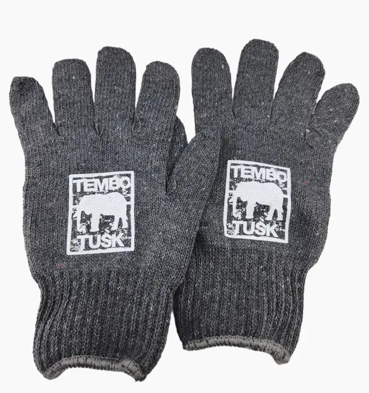TemboTusk branded gray gloves, designed for safe handling of the portable fire pit during outdoor activities and camping.