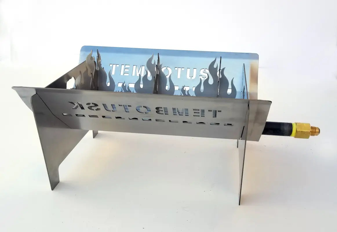 TemboTusk Fire Pit assembled with stainless steel panels and burner, showcasing its compact and durable design for outdoor use.