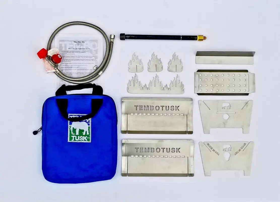 TemboTusk Fire Pit components including stainless steel panels, burner, hose, flame cutouts, and blue carry bag for portable outdoor use.