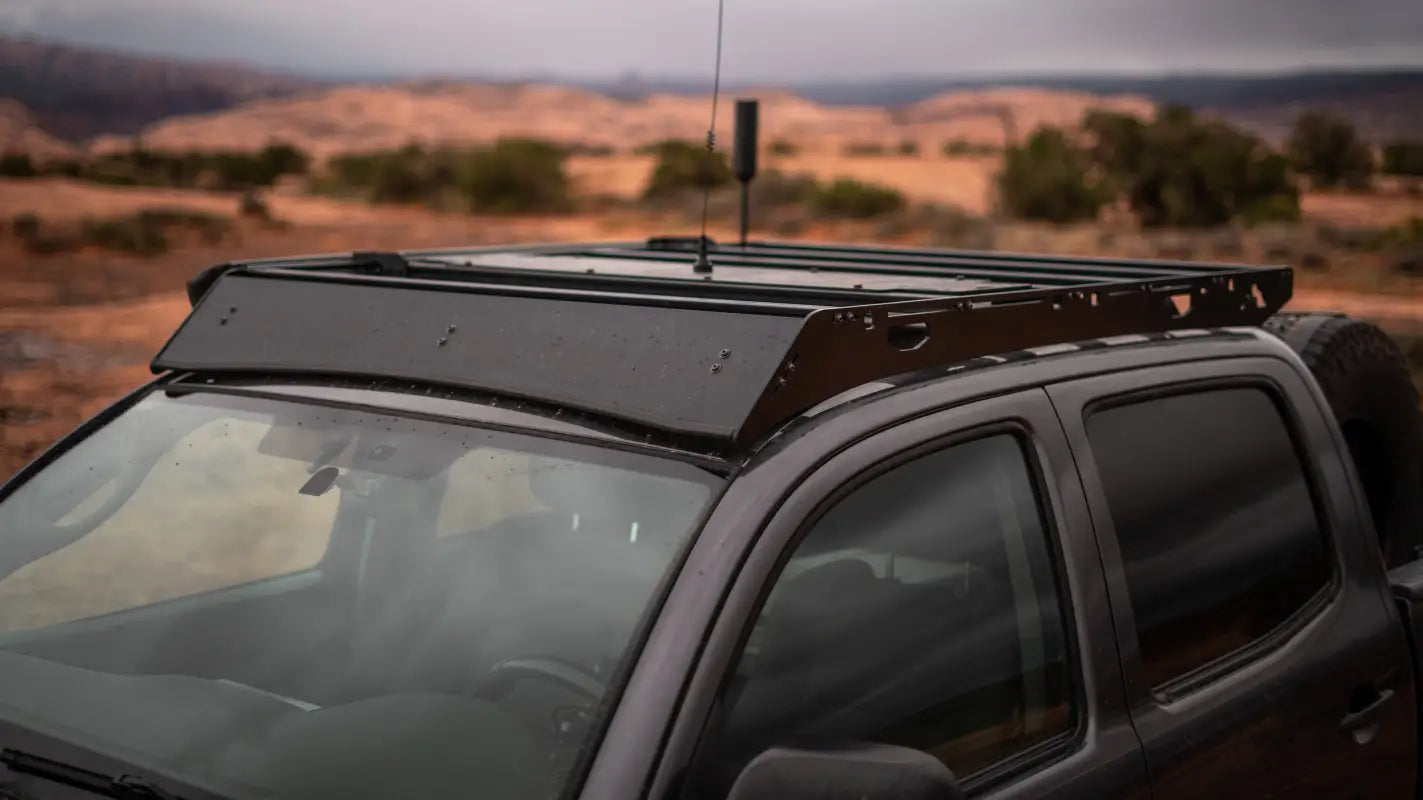 Top view of the Grand Teton roof rack on a Toyota Tacoma, featuring its sleek aluminum construction and crossbar system.